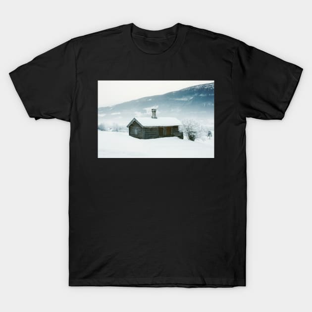 Log Cabin in Scandinavian Winter Landscape T-Shirt by visualspectrum